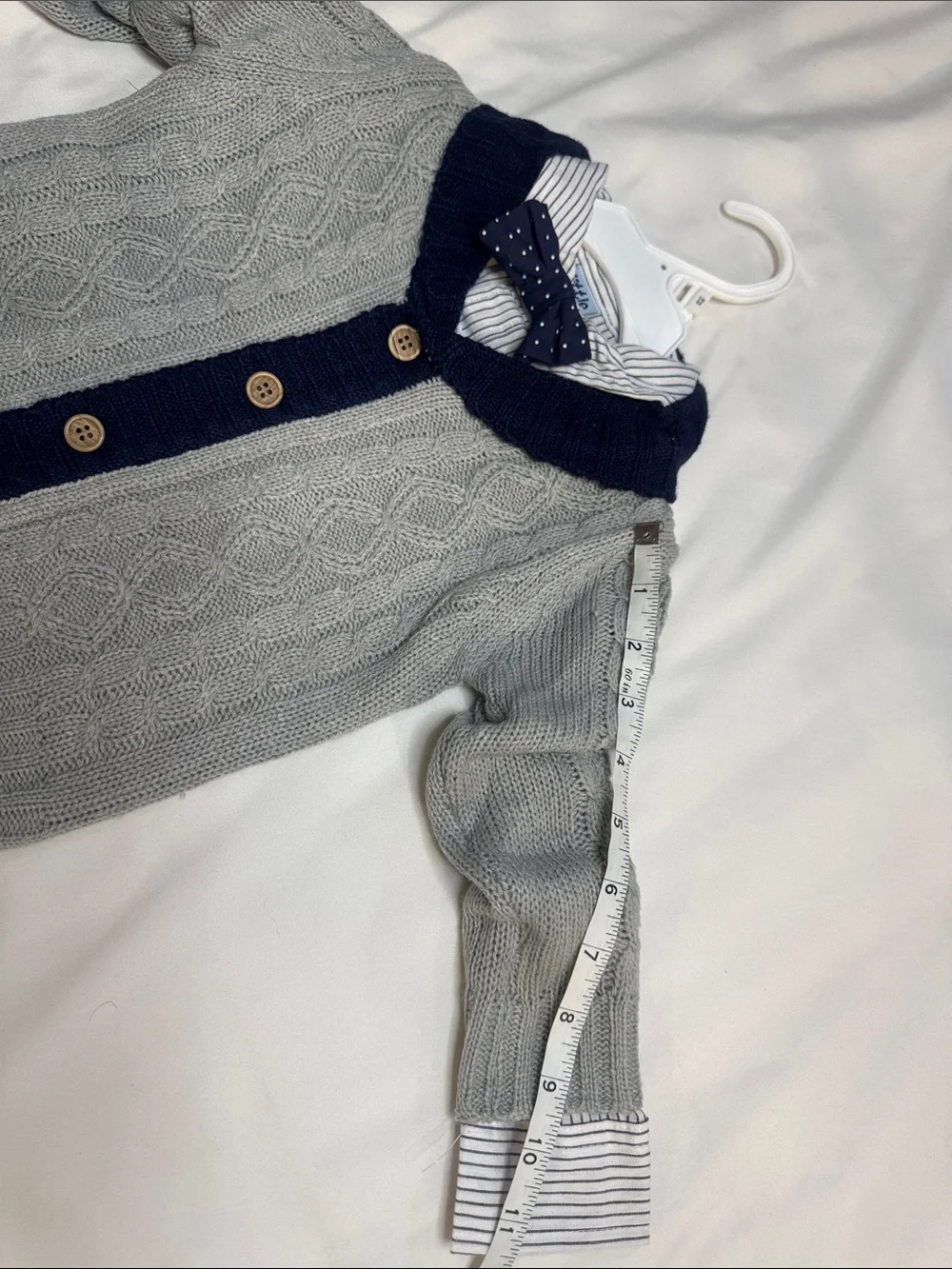 Little One 3 piece set:Gray Cable Knit Cardigan with Navy Trim
